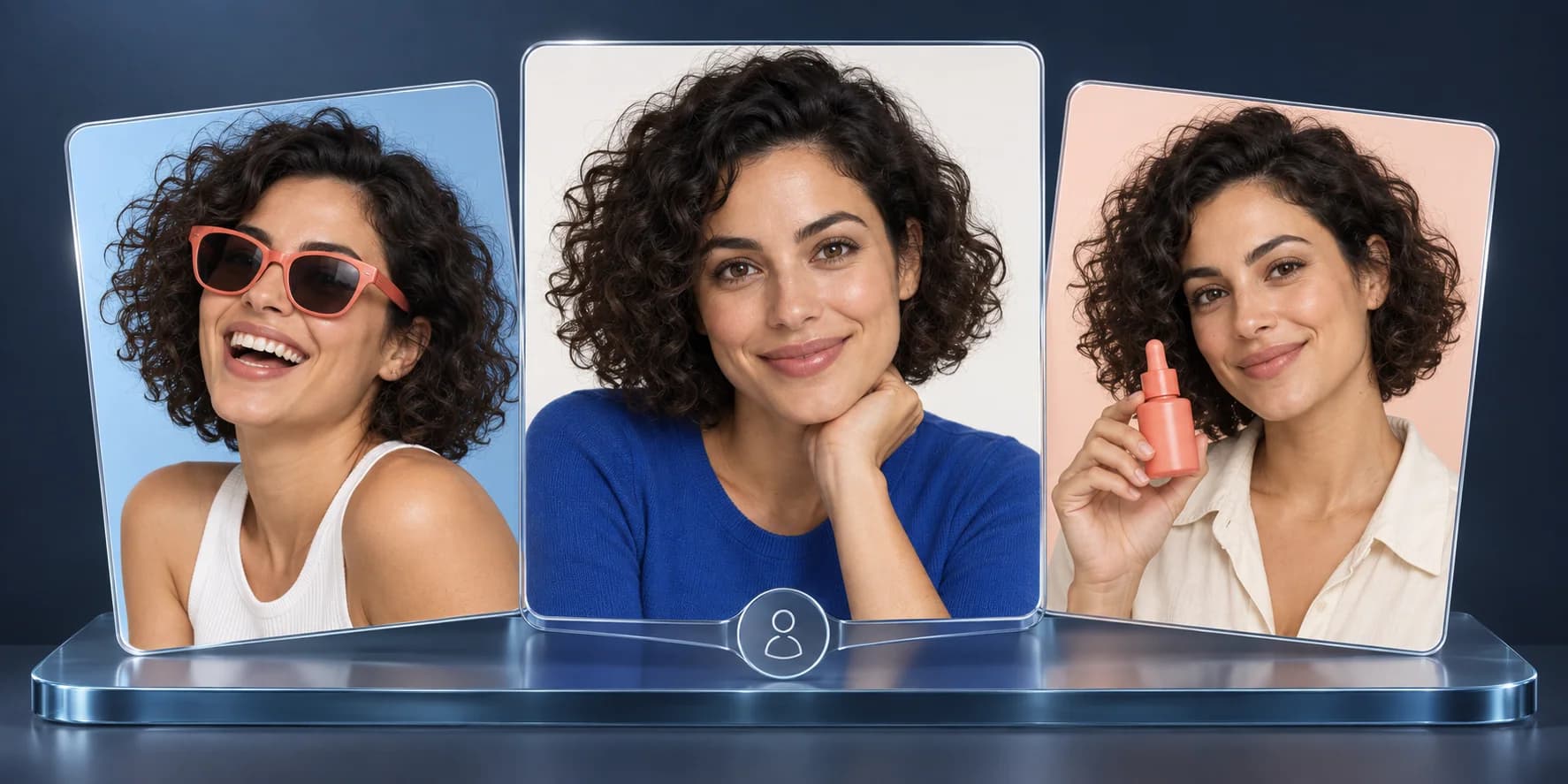The same actor across three campaign portraits in glass frames