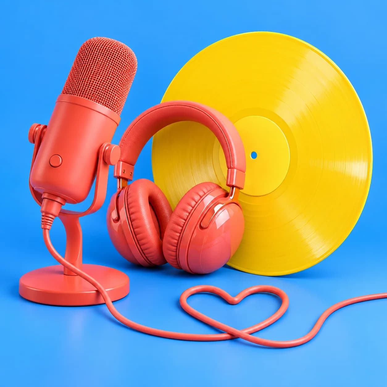 Coral headphones and microphone with an oversized yellow record