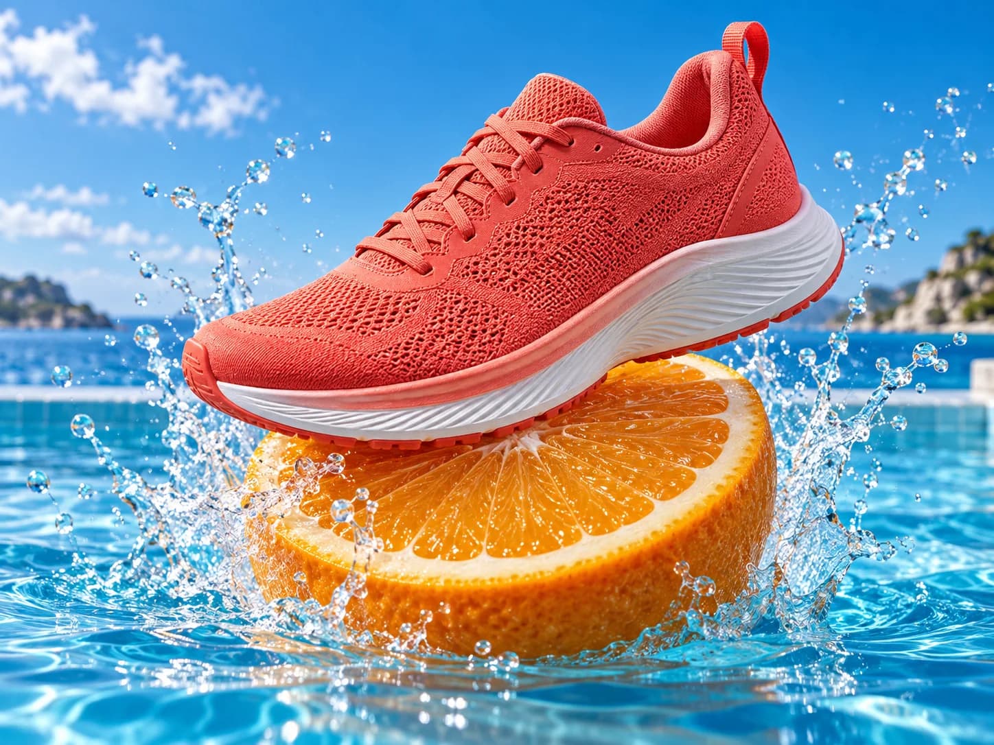 A coral sneaker balancing on an orange in a sparkling splash of blue water
