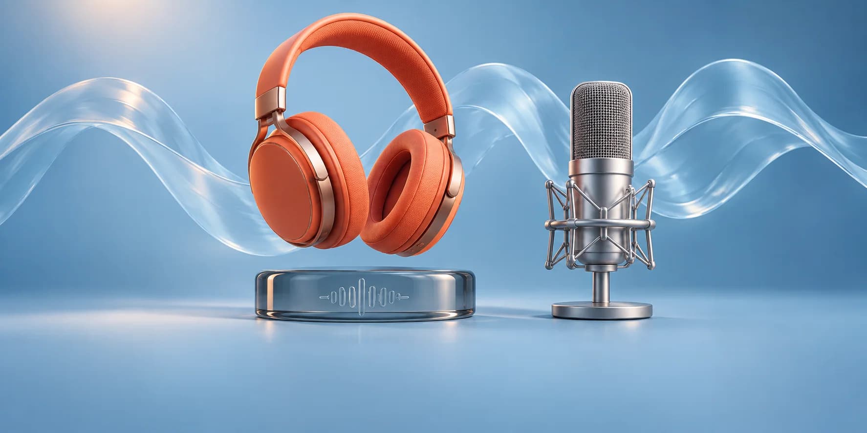 Coral headphones float above a glass pedestal beside a silver microphone and translucent sound ribbon