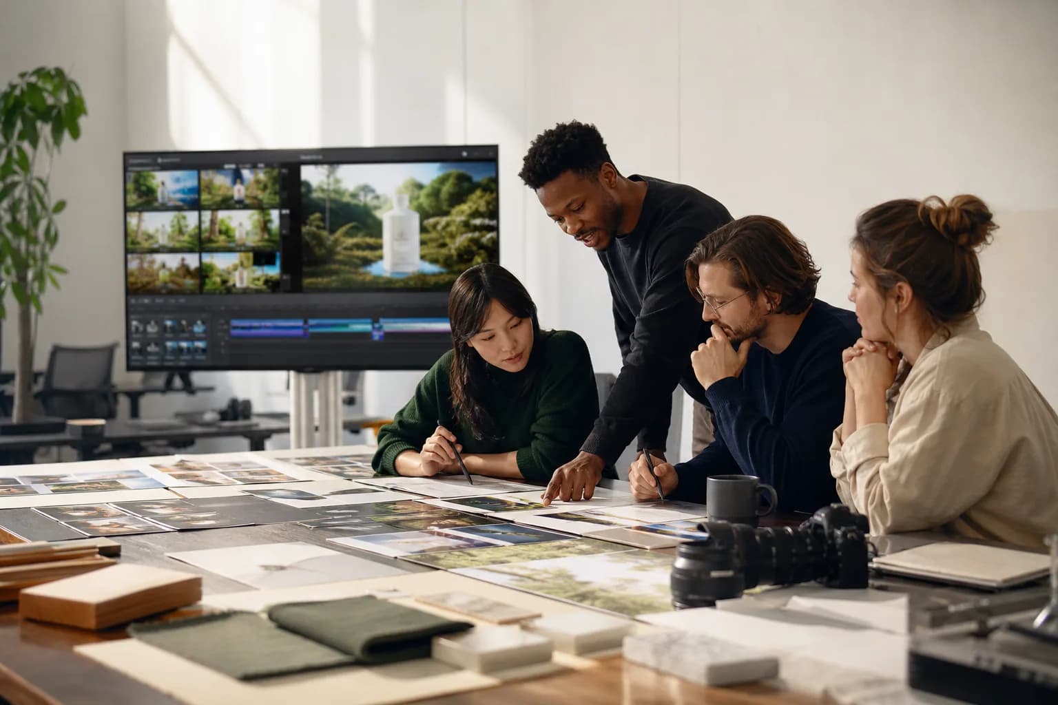 A diverse creative team collaborating around a KINOAI campaign