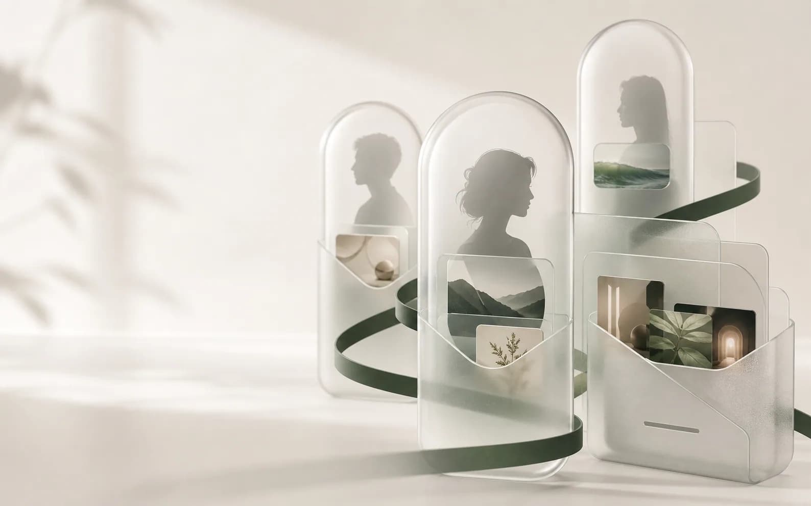 Frosted glass privacy layers protecting personal and creative information