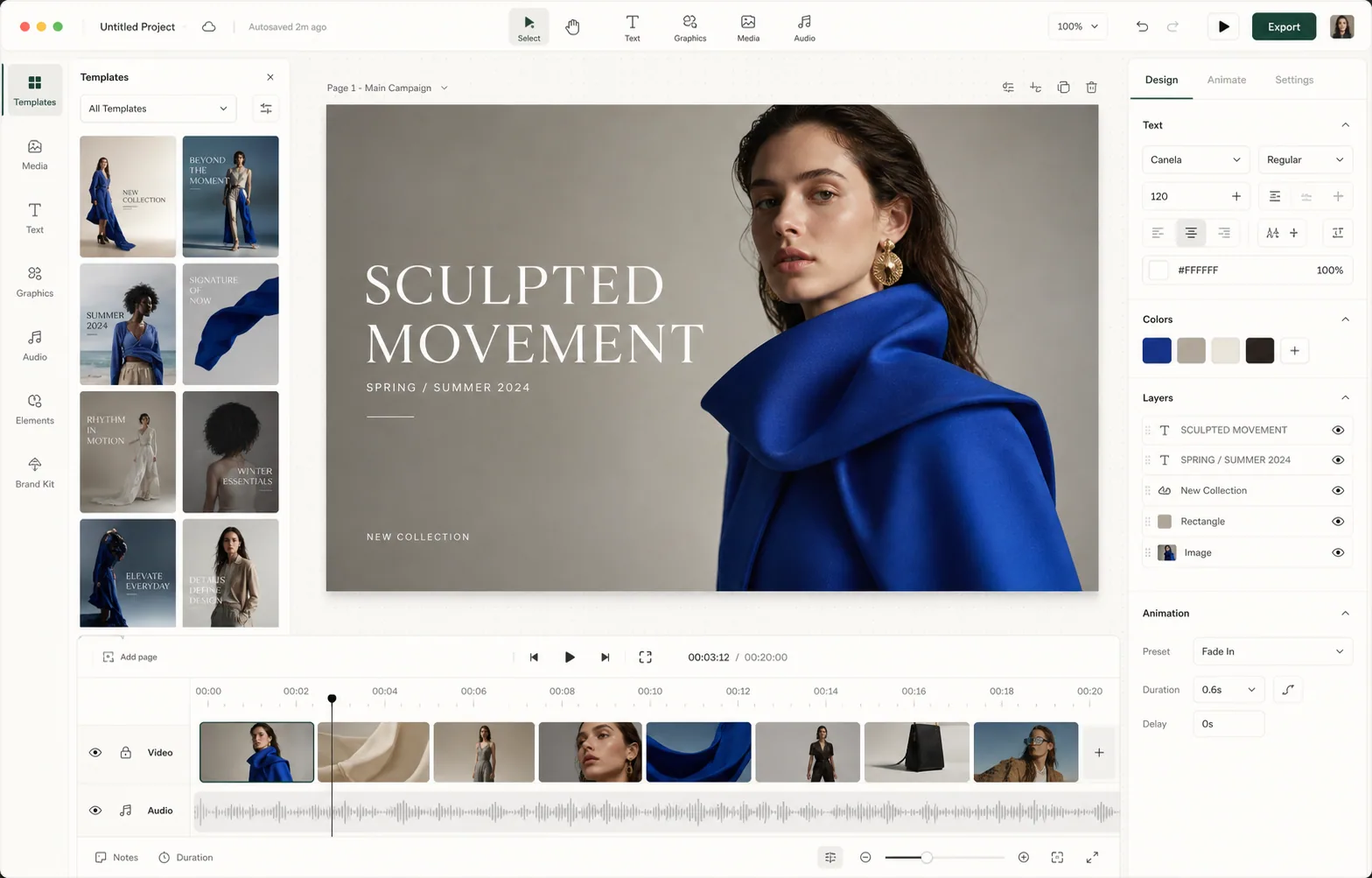 KINOAI Editor with media, a campaign artboard and a multi-track timeline
