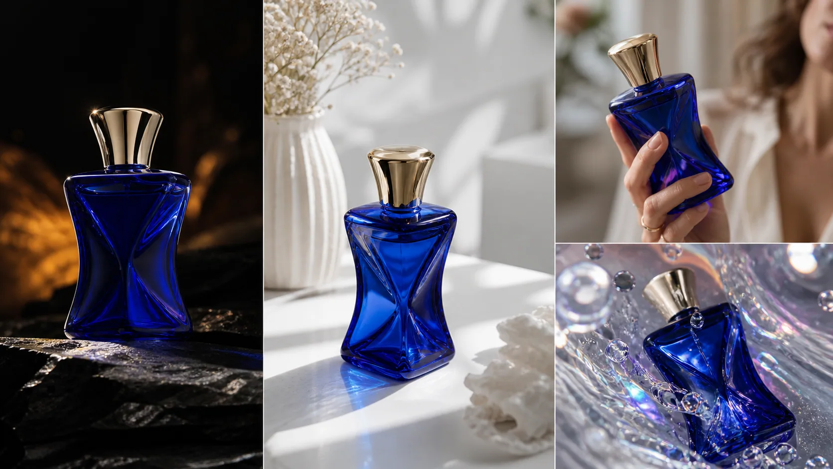 The same cobalt perfume bottle shown in four distinct campaign directions
