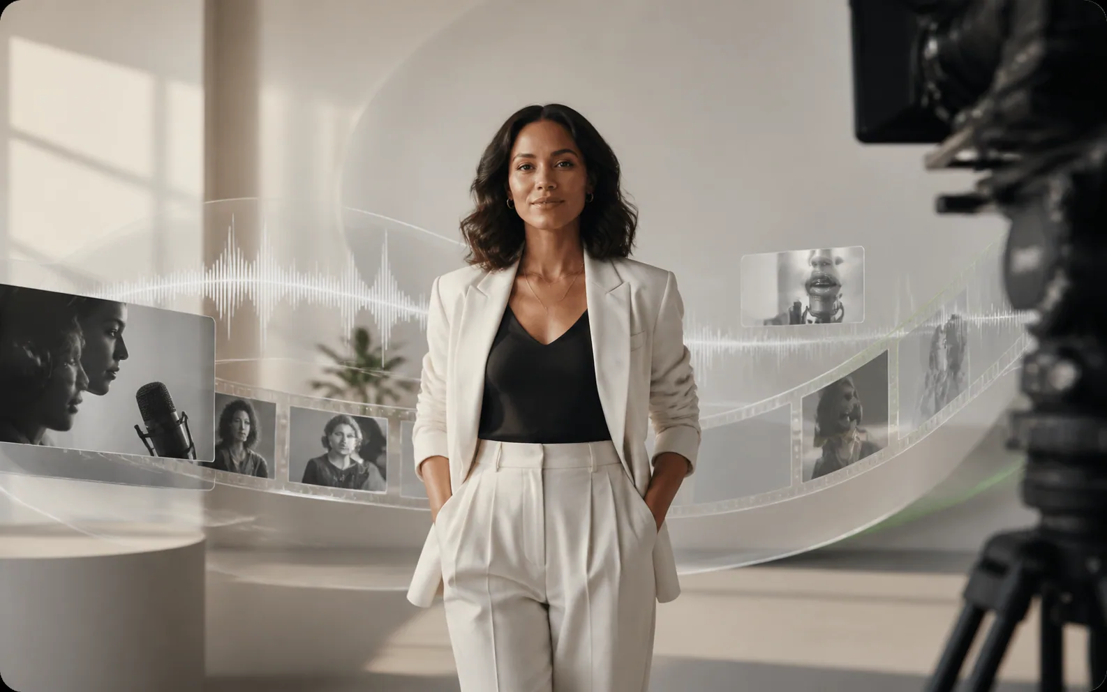 A presenter on a premium video set surrounded by film and voice elements