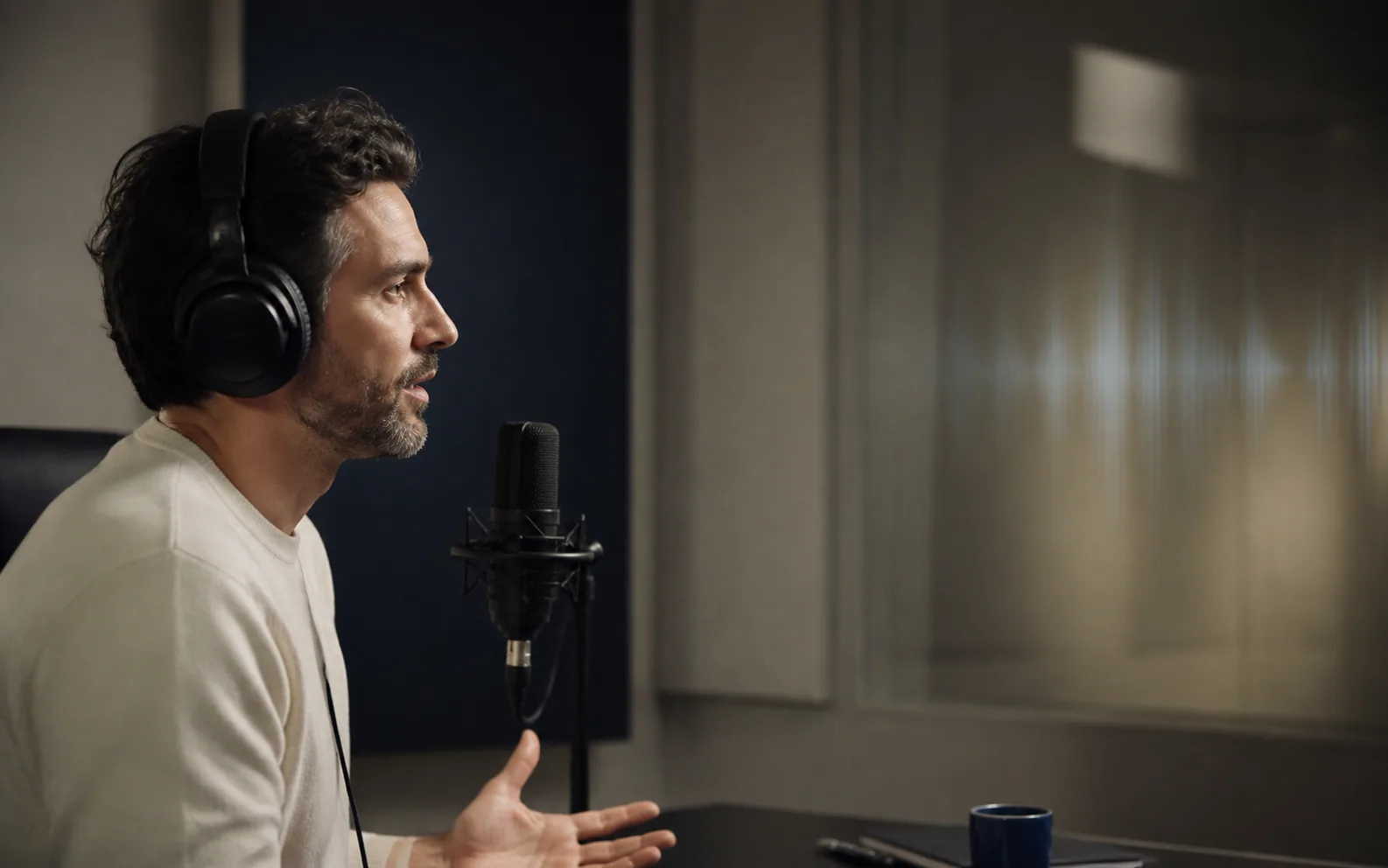 A creative director recording a voice performance in a professional studio