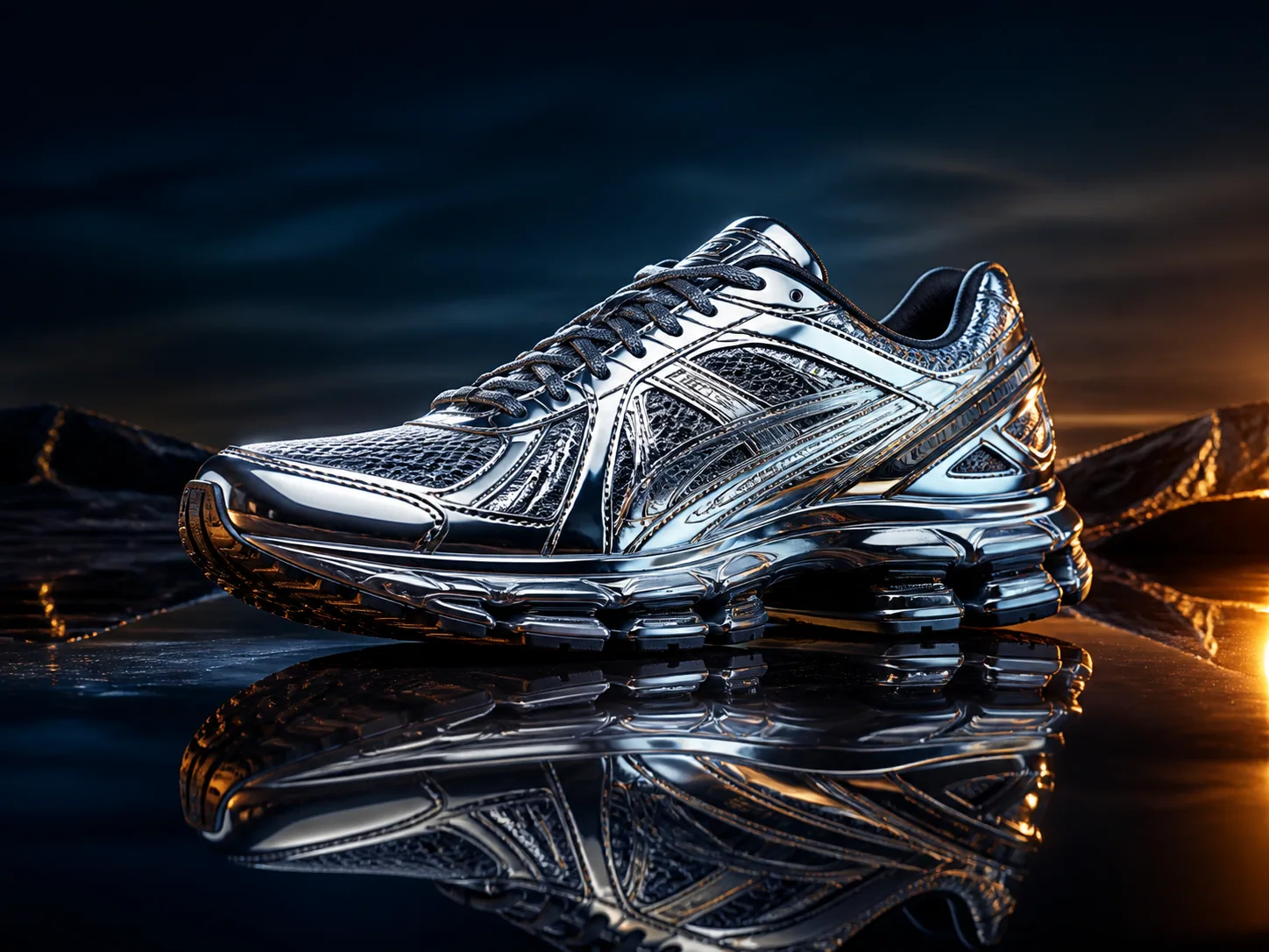 A highly detailed chrome running shoe campaign image