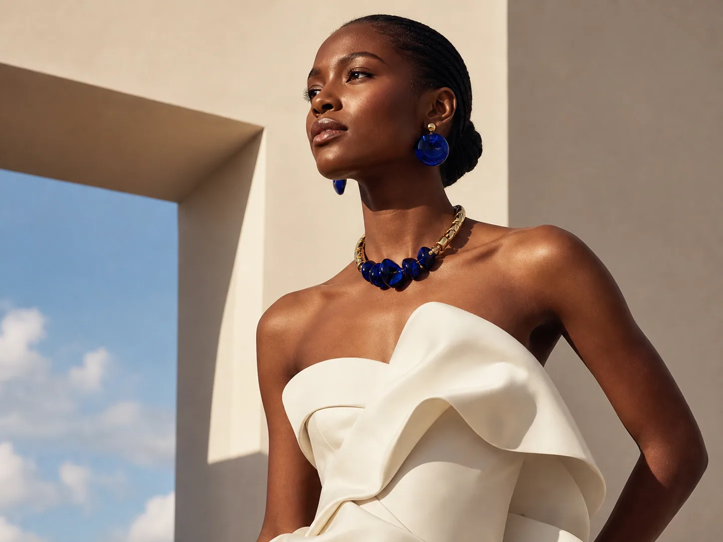 An art-directed fashion portrait with cobalt glass jewelry