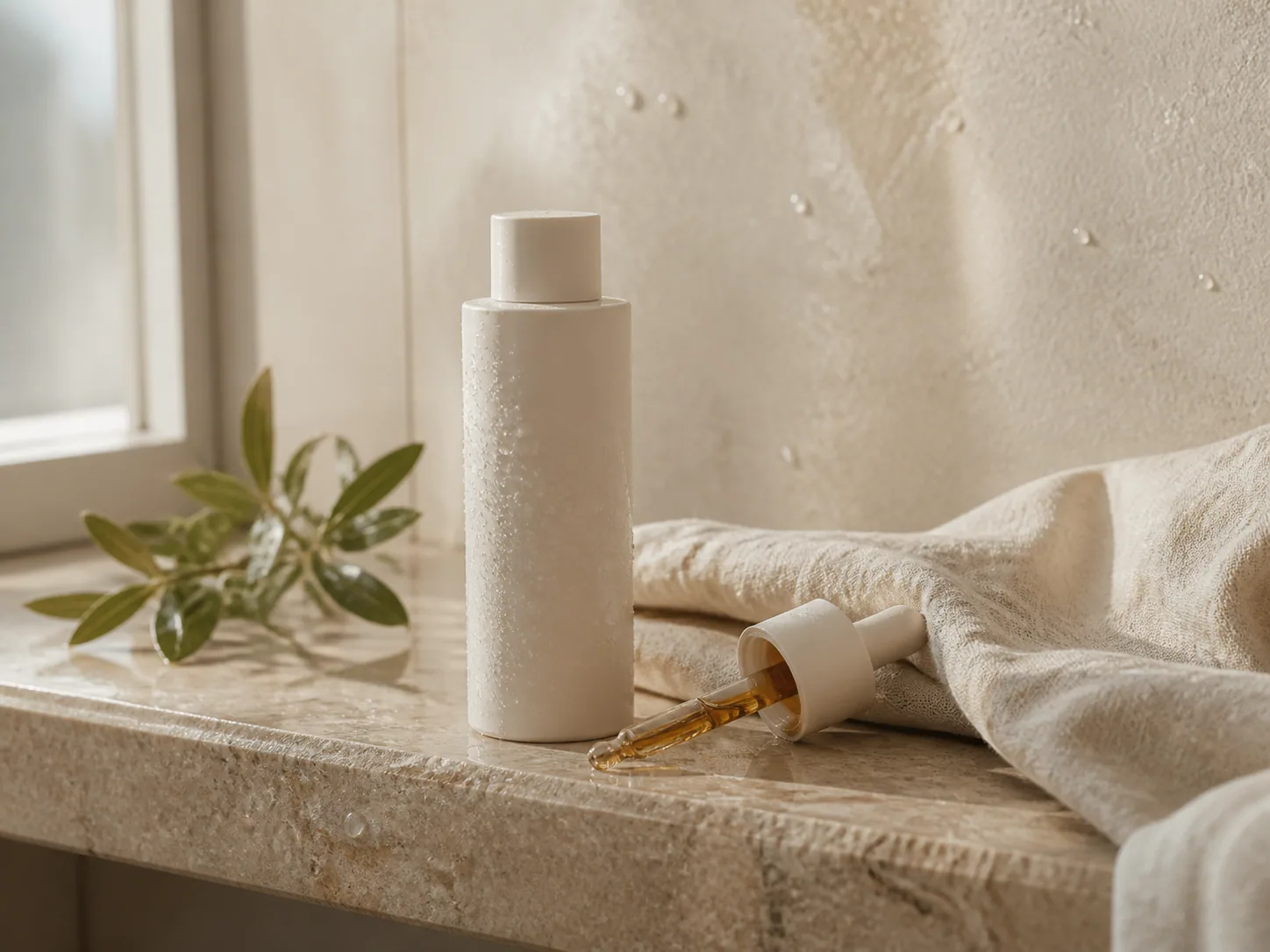 A natural skincare product scene in soft morning light