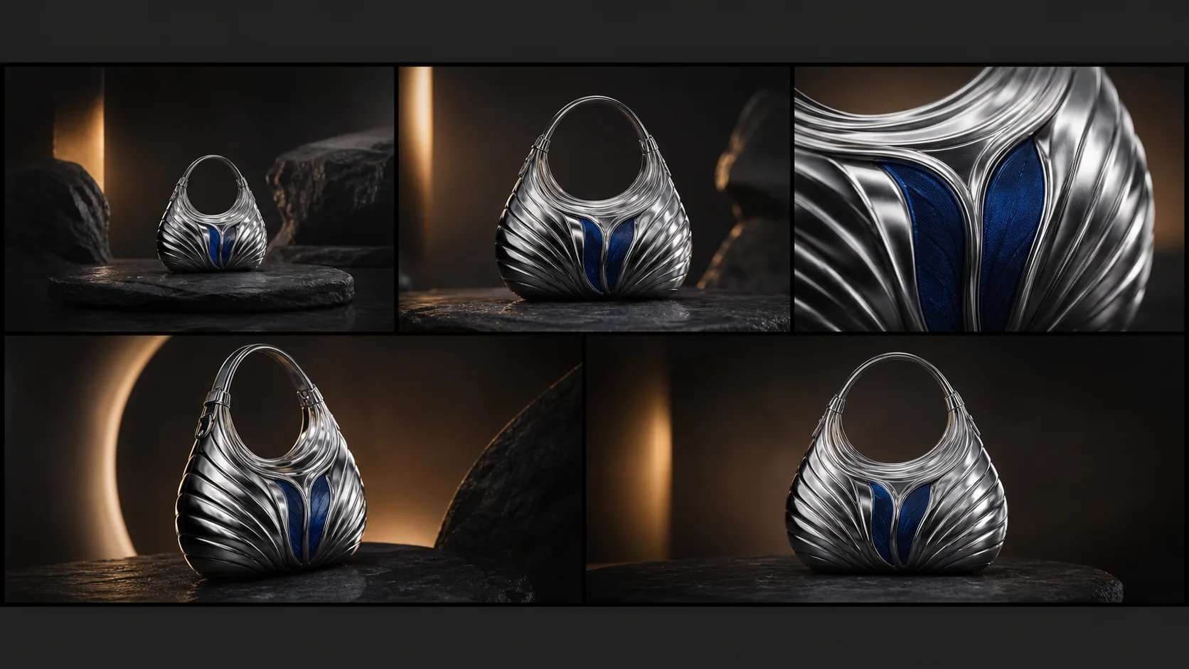 Five connected cinematic frames of the same silver and cobalt handbag