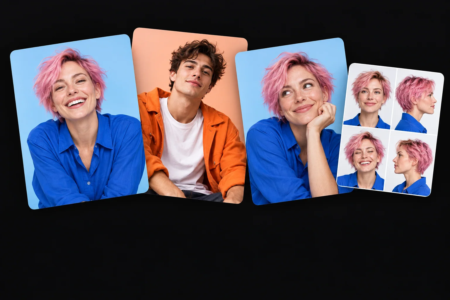 Bright portrait cards showing a character in different poses and a contact sheet